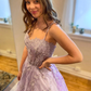 Light Purple Straps Lace Appliques Tulle Long Evening Dresses Prom Dresses nv562