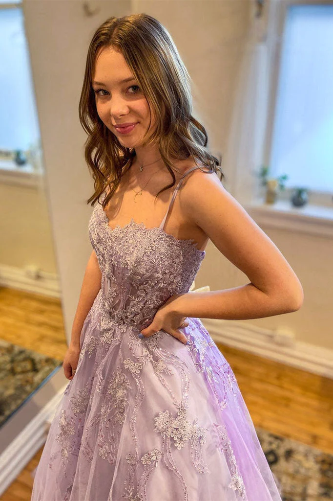 Light Purple Straps Lace Appliques Tulle Long Evening Dresses Prom Dresses nv562