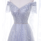 A-Line Tulle Sequins Long Prom Dress, Off the Shoulder Evening Party Dressnv817