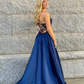 A Line Lace Satin Royal Blue Prom Dresses V Neck Spaghetti Straps nv258