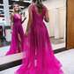 Beading Fuchsia V-neck Pleated Tulle Prom Dress with Side Slit nv947