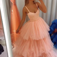 Spaghetti Straps Tulle Pink Evening Dress nv560