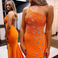 One-Shoulder Orange Beaded Stars Long Prom Dress with Slit nv239