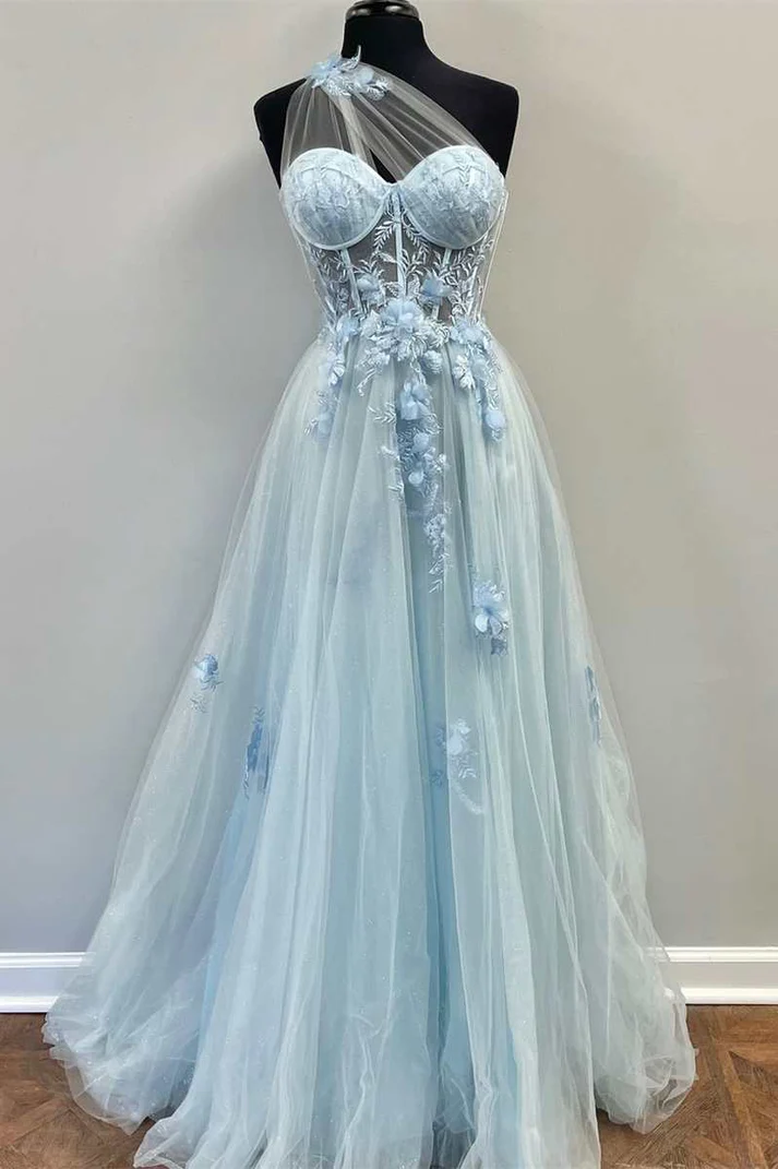 Fairy-Tale Light Blue Sweetheart A-Line Prom Dress with 3D Floral Lace nv818