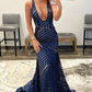 Light Purple Deep V Neck Sequin Mermaid Prom Dress nv637