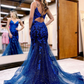 Dark Blue Mermaid Long Prom Dresses, Blue Lace Long Evening Dress nv1041
