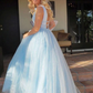 A Line Deep V Neck Ball Gown Prom Dresses Open Back White Evening Dresses nv209