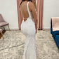 White Iridescent Sequin Tassel Backless Long Prom Dress with Slit nv984