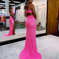 Charming Glitter Mermaid V Neck Hot Pink Sequins Prom Dresses with Slit nv940
