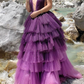 Purple Tiered Tulle Skirt Prom Dresses Deep V-neckline Sexy Evening Dresses nv559