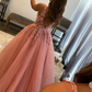 V Neck Open Back Beaded Pink Lace Long Prom Dresses, Pink Tulle Formal Dresses with Lace Appliques, Pink Lace Evening Dresses  nv186