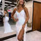 Sparkly Mermaid V Neck Royal Blue Sequins Long Prom Dresses with Slit nv465