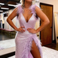 Chic Lilac V Neck Sleeveless Mermaid Long Prom Dress With Slit, Formal Gown nv224