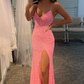 Prom Dresses With Side Slit Spaghetti Straps Blue Sequin Mermaid nv240