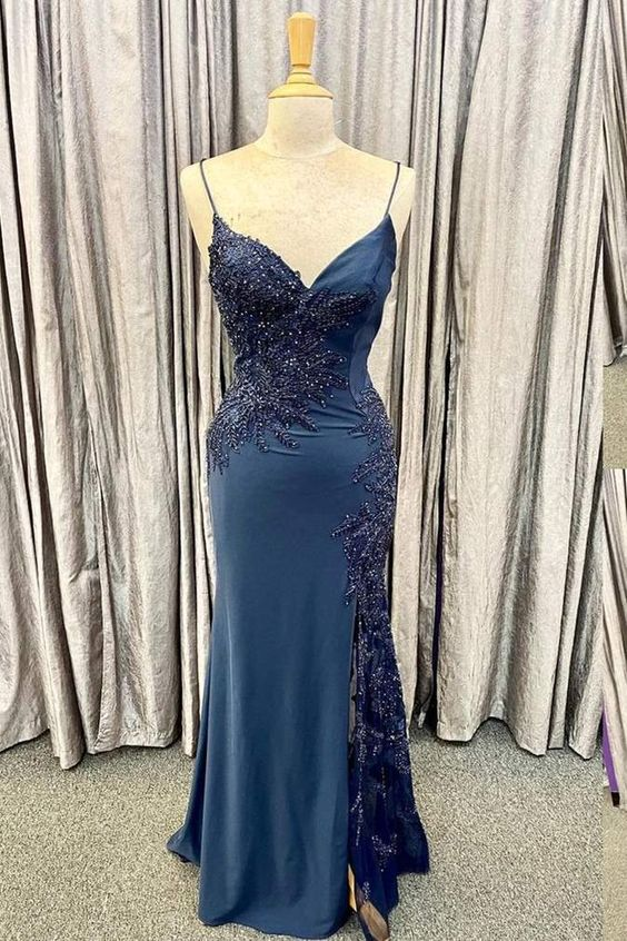 Elegant Navy Blue Long Prom Dress with Lace Appliques nv826