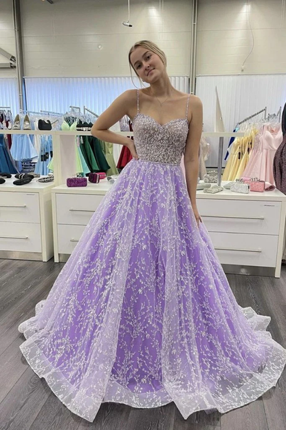 Gorgeous Purple Lace Beaded Long Prom Dress Sweetheart Ball Gown nv814