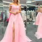 Off Shoulder Pink Lace Long Prom Dresses with High Slit, Pink Lace Formal Dresses, Off the Shoulder Pink Evening Dresses nv1047