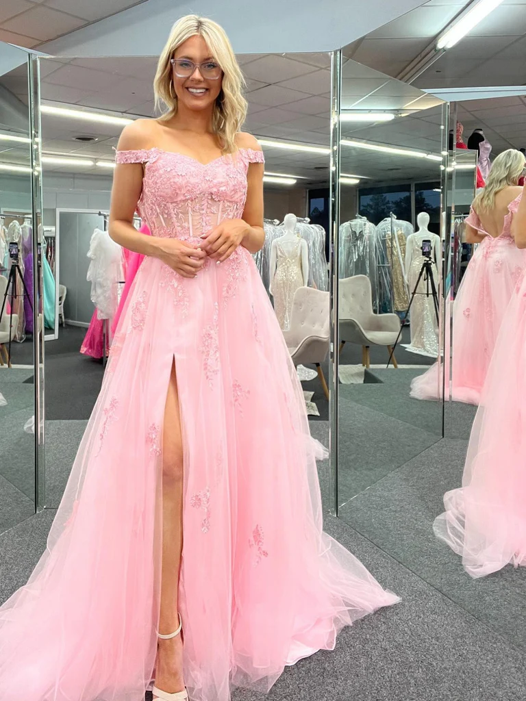 Off Shoulder Pink Lace Long Prom Dresses with High Slit, Pink Lace Formal Dresses, Off the Shoulder Pink Evening Dresses nv1047