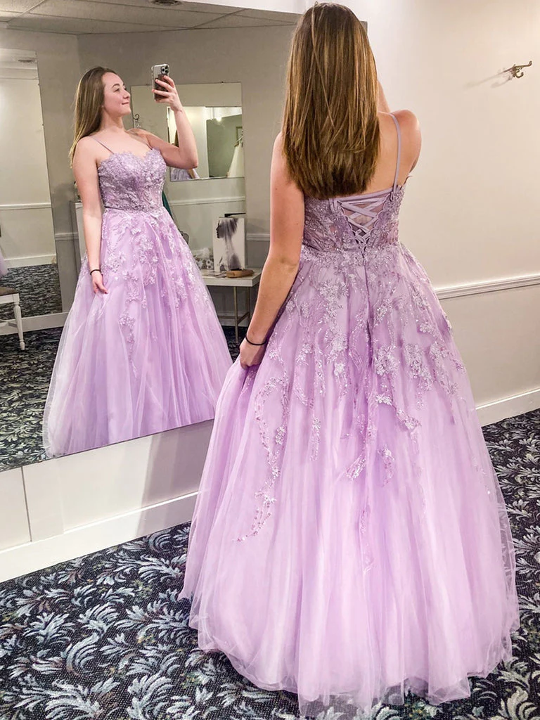 Light Purple Straps Lace Appliques Tulle Long Evening Dresses Prom Dresses nv562