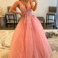 V Neck Open Back Beaded Pink Lace Long Prom Dresses, Pink Tulle Formal Dresses with Lace Appliques, Pink Lace Evening Dresses  nv186