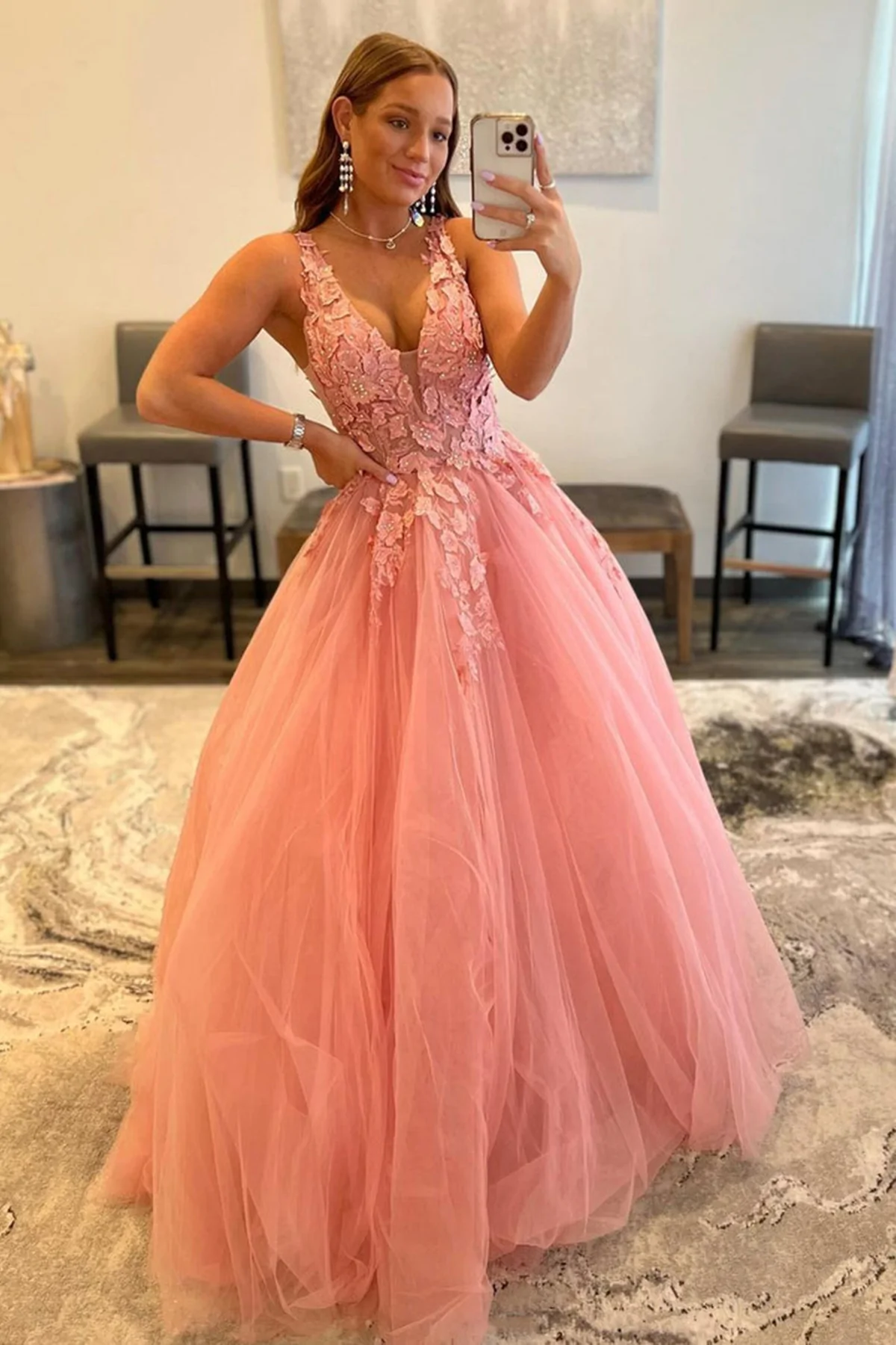 V Neck Open Back Beaded Pink Lace Long Prom Dresses, Pink Tulle Formal Dresses with Lace Appliques, Pink Lace Evening Dresses  nv186