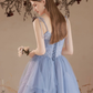 Blue V-Neck Tulle Lace Long Prom Dress, Lovely Spaghetti Straps Evening Dress nv429