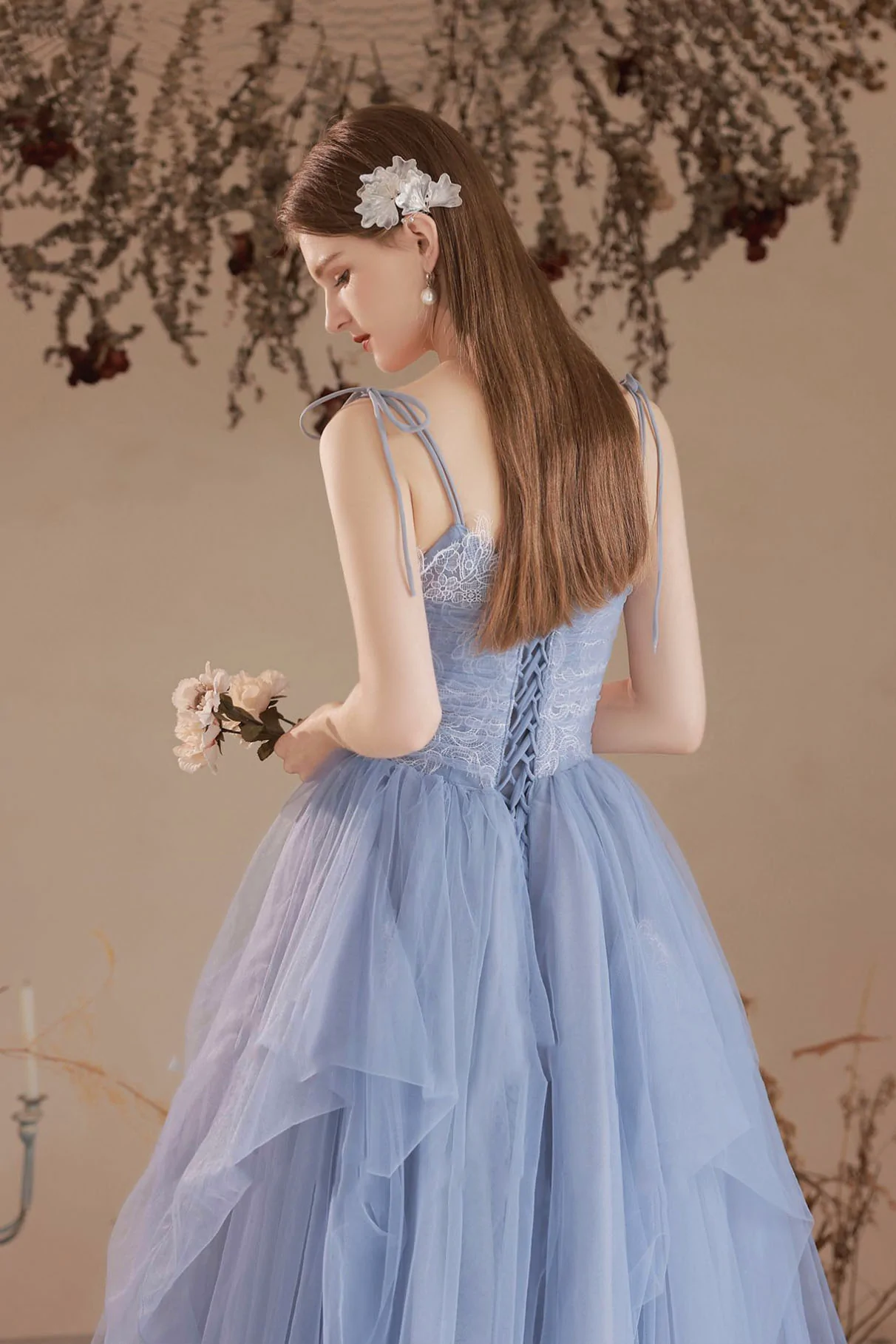 Blue V-Neck Tulle Lace Long Prom Dress, Lovely Spaghetti Straps Evening Dress nv429