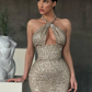 Halter Sequins Mermaid Prom Dress Sleeveless With Slit nv177