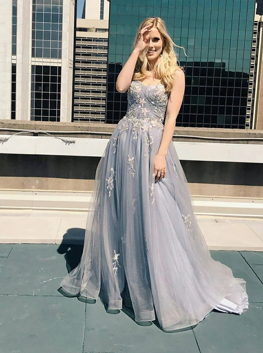 A Line Spaghetti Straps Grey Tulle Prom Dresses nv210