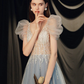 Gray Blue V Neck Tulle Sequin Long Prom Dress, Gray Blue Evening Dress nv422