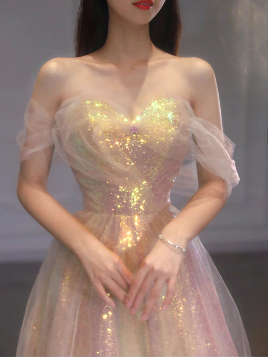 A Line Tulle Sequin Long Prom Dress, Off Shoulder Formal Graduation Dress nv425
