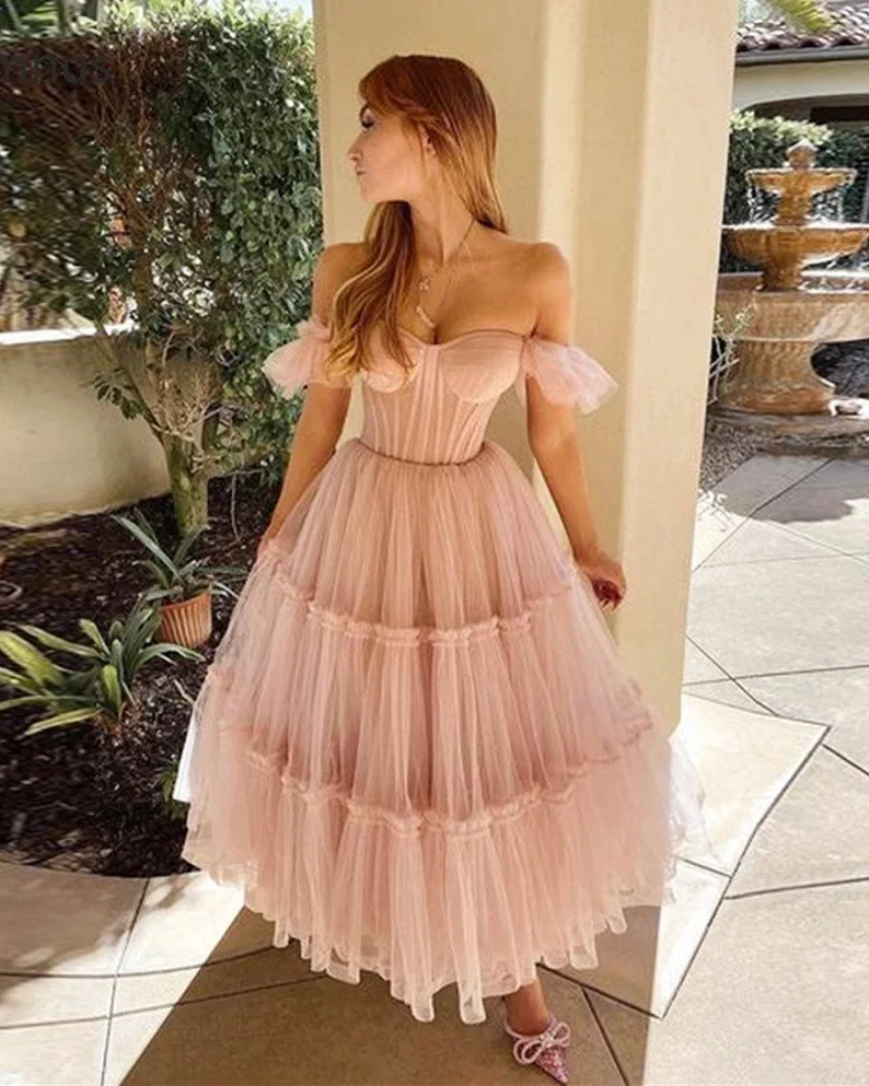 Ruffled Sleeves Tulle Dress, Tiered Ruffled A-line Skirt, Bridesmaid Party Dress, Graduation Dress, Wedding Party Dress, Tulle Corset Dress nv523