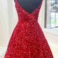 Straps Grape Square Neck Sequins Prom Dress with Pockets nv262