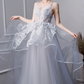Gray tulle lace long prom dress, gray tulle lace evening dress nv436