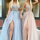 Glamorous v-neck spaghetti-straps tulle prom dress beadings long evening gowns nv155