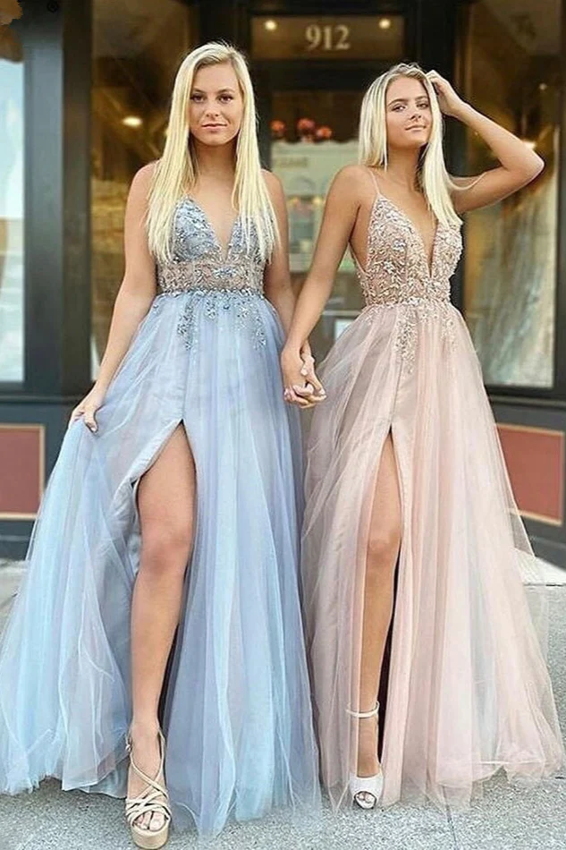 Glamorous v-neck spaghetti-straps tulle prom dress beadings long evening gowns nv155