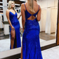 Red Sequin Spaghetti Straps Mermaid Long Formal Dress with Slit nv230