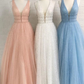 A Line Deep V Neck Ball Gown Prom Dresses Open Back White Evening Dresses nv209
