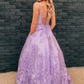 Open Back Purple Lace Floral Long Prom Dresses, Purple Lace Formal Evening Dresses nv563