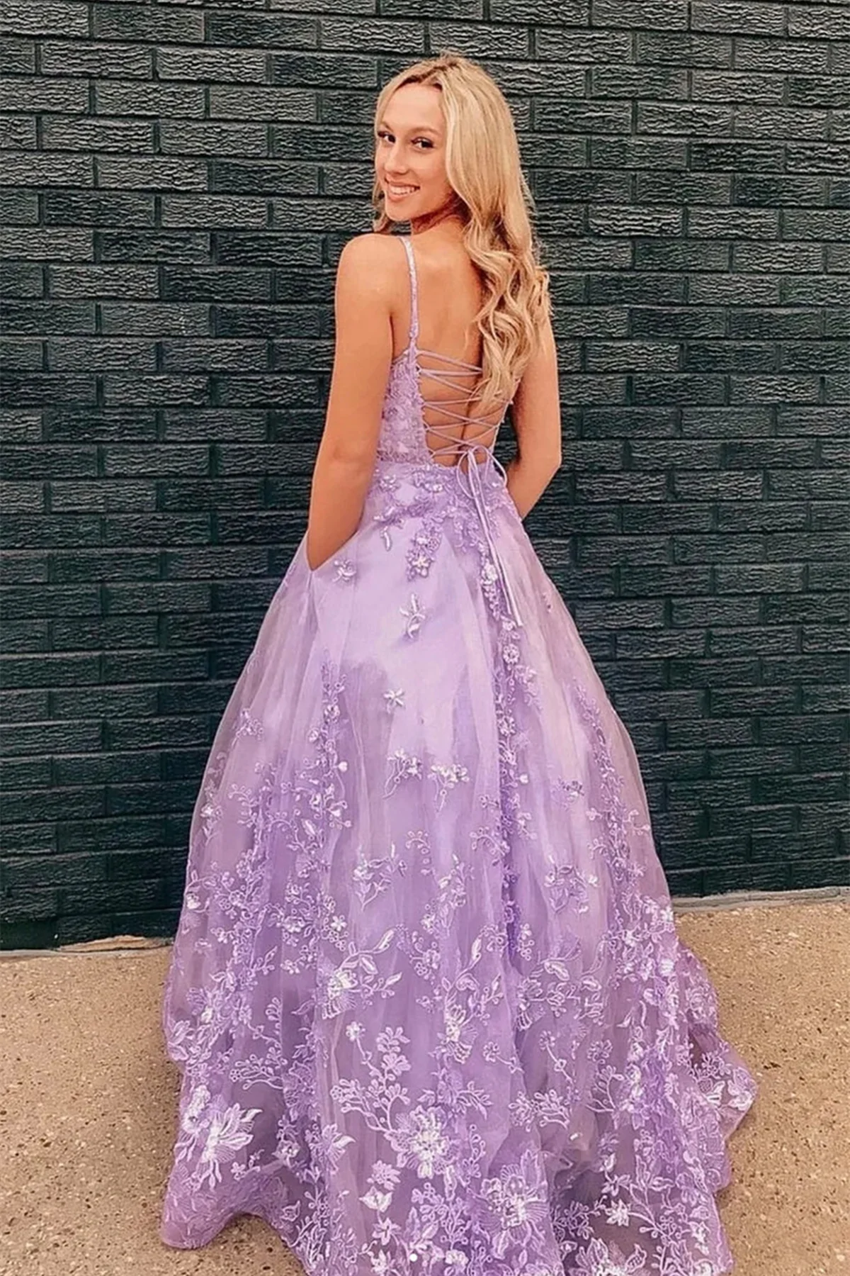 Open Back Purple Lace Floral Long Prom Dresses, Purple Lace Formal Evening Dresses nv563