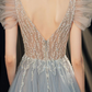 Gray Blue V Neck Tulle Sequin Long Prom Dress, Gray Blue Evening Dress nv422