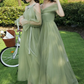Green Tulle Long Prom Dresses, A-Line Evening Dresses nv553