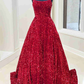 Straps Grape Square Neck Sequins Prom Dress with Pockets nv262