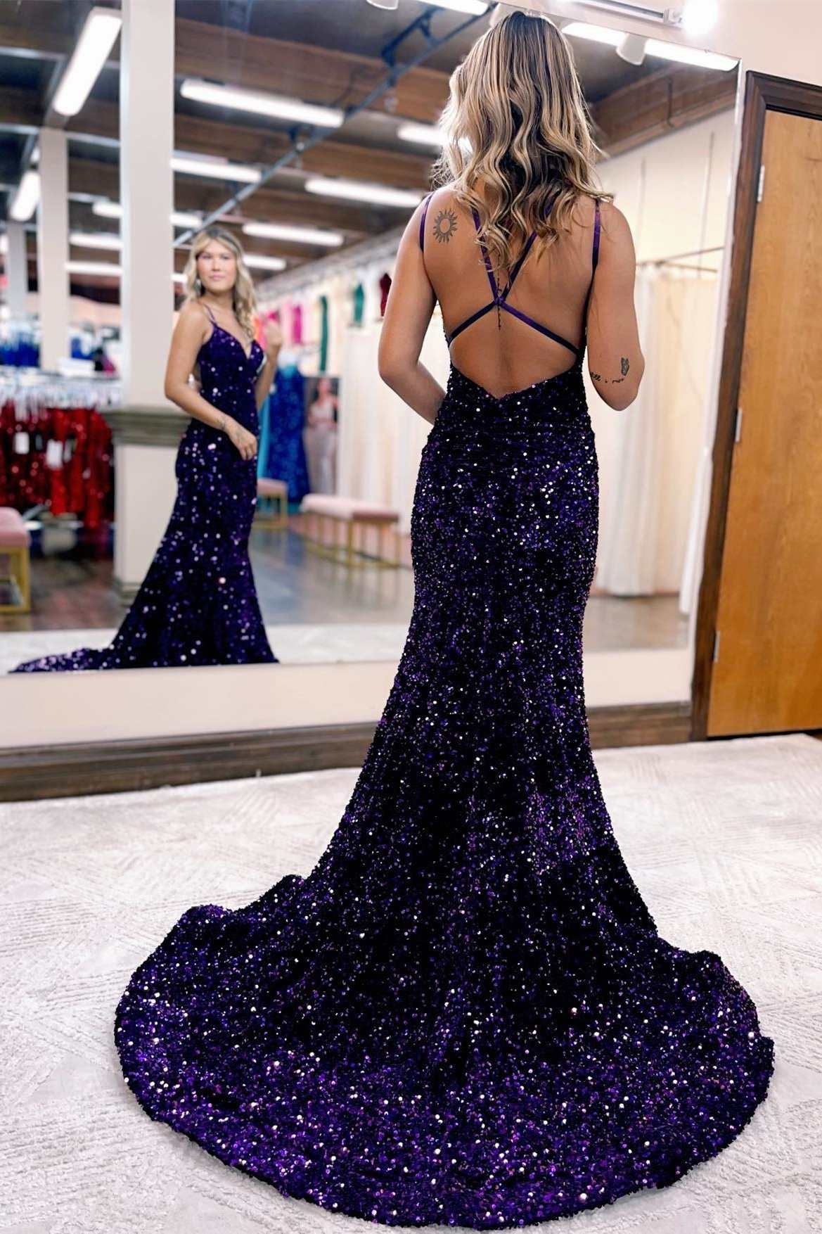 Blue Iridescent V-Neck Cross-Back Mermaid Long Prom Dress nv567