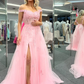 Off Shoulder Pink Lace Long Prom Dresses with High Slit, Pink Lace Formal Dresses, Off the Shoulder Pink Evening Dresses nv1047