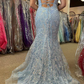 Light Blue Appliques Lace-Up Back Mermaid Long Prom Dress nv1013