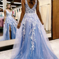 Shiny V Neck Blue Tulle White Lace Floral Long Prom Dresses with High Slit, Blue Formal Evening Dresses nv998