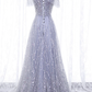 A-Line Tulle Sequins Long Prom Dress, Off the Shoulder Evening Party Dressnv817