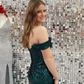 Cute Mermaid Off the Shoulder Dark Green Sequins Prom Dresses with Slit nv823