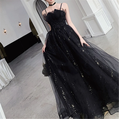 Black Glitter Tulle Prom Dress, Black Slip Evening Prom Dress nv1051